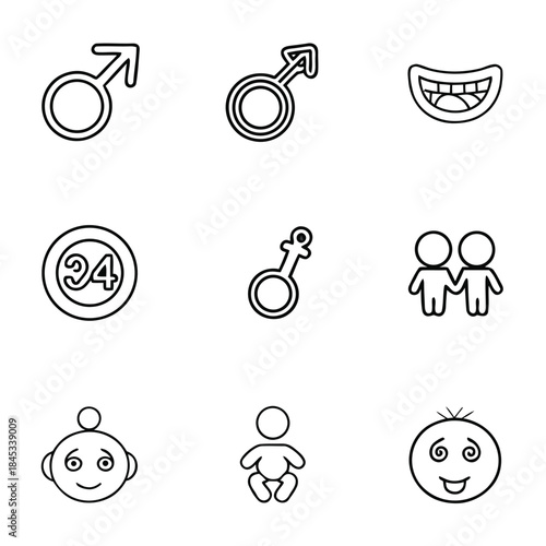 Collection of simple black and white outline icons representing gender symbols relationships and human emotions