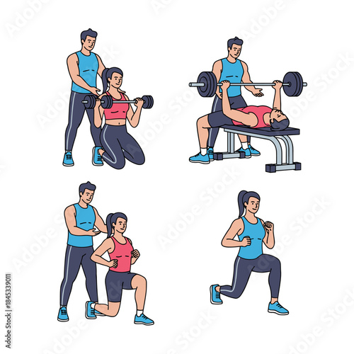 People exercising with weights and doing lunges in a gym setting.