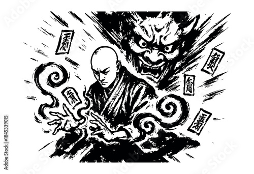 A powerful monk channels spiritual energy to confront a menacing oni demon amidst flying talismans, rendered in a striking black and white brushstroke style — stock vector.