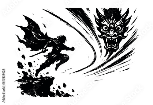A dynamic ink brush illustration depicting a courageous samurai warrior leaping into battle against a fierce demonic or dragon spirit, rendered in a striking black and white style — stock vector.