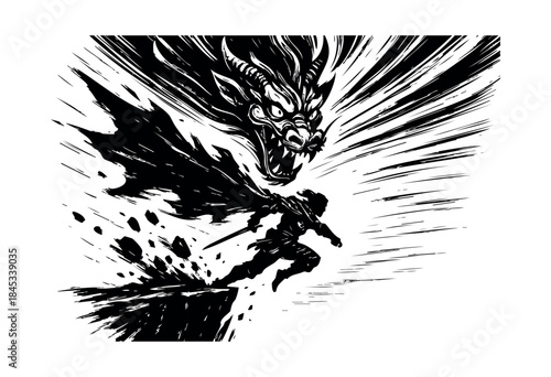 A powerful black and white ink illustration capturing a warrior with a sword bravely facing a monstrous dragon amidst dynamic brush strokes and motion lines — stock illustration.