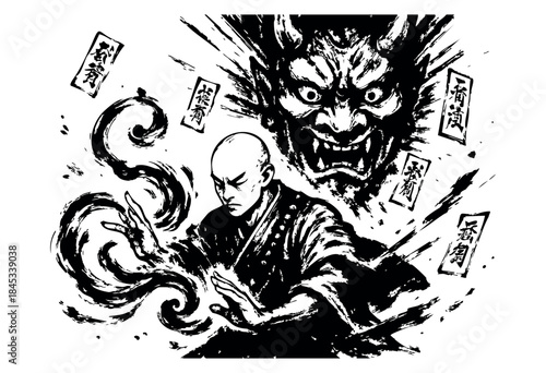 A powerful monk channels spiritual energy to confront a menacing oni demon amidst flying talismans, rendered in a striking black and white brushstroke style — stock vector.