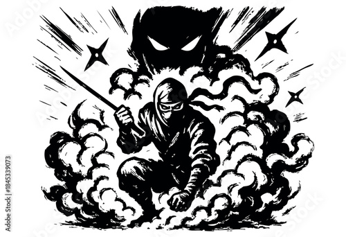 An intense black and white brush art illustration featuring a crouching ninja amidst swirling smoke and shurikens, accompanied by a menacing spectral figure — stock vector.