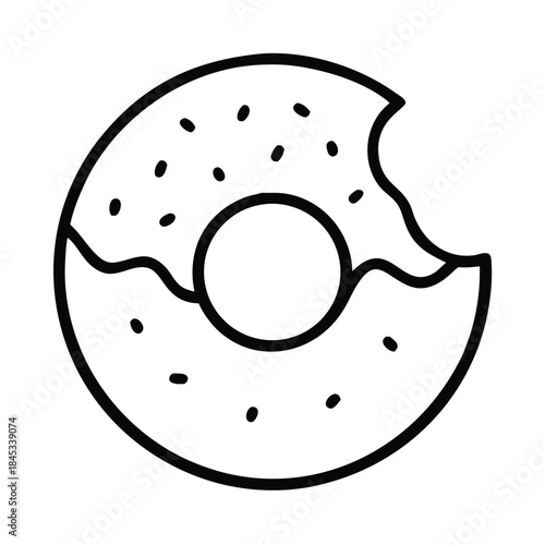 Simple black and white outline icon of a delicious frosted donut with a bite taken out of it