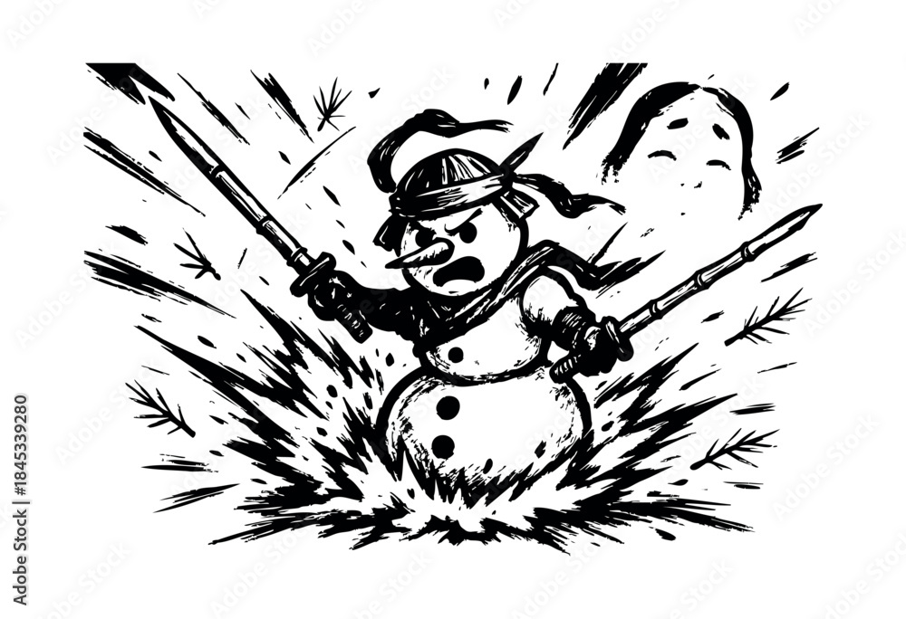 Fototapeta premium An angry, samurai-inspired snowman wields stick katanas amidst an explosive black and white brush stroke background, with a small scared face peeking from above — stock illustration.