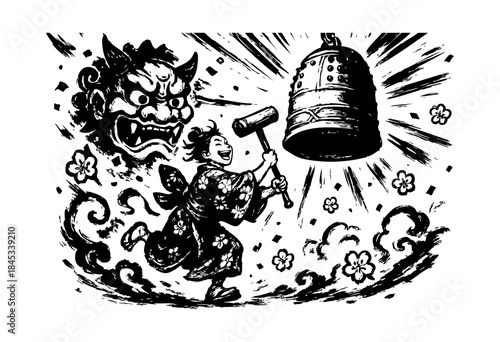A fierce character in traditional Japanese attire forcefully strikes a large temple bell under the watchful eye of an Oni mask, all rendered in a dramatic brush stroke style — stock illustration.