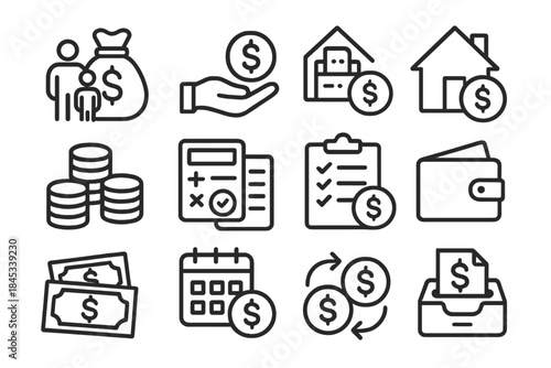 Outline icons set for finance and money management concepts