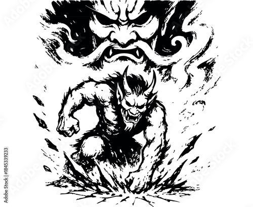 A powerful, horned demon emerges with explosive force from the ground, commanded by an ethereal, fierce Hannya-like mask, all rendered in a dramatic black and white brushstroke style — stock vector.