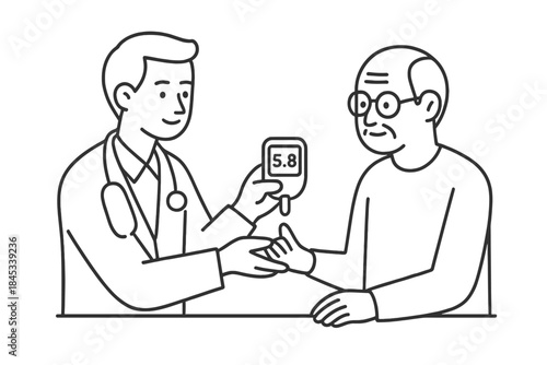 Medical professional monitors senior patient's blood glucose with portable meter