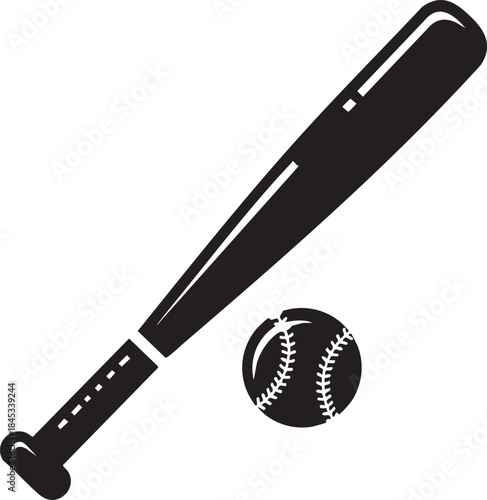 Black baseball bat and ball with white stitching on a white background