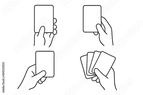Set of hands holding blank playing cards in various grips and positions