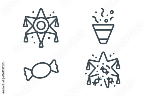 Set of festive party icons including pinata, confetti popper, and candy