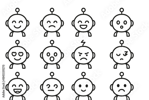 Twelve distinct robot head icons showing various facial expressions