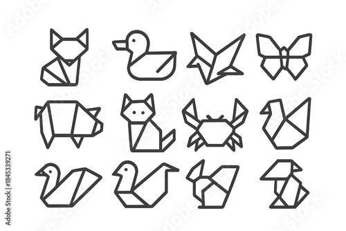 Set of geometric line icons representing various origami animals and birds