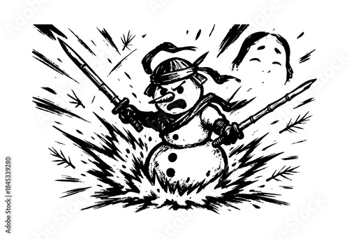 An angry, samurai-inspired snowman wields stick katanas amidst an explosive black and white brush stroke background, with a small scared face peeking from above — stock illustration.