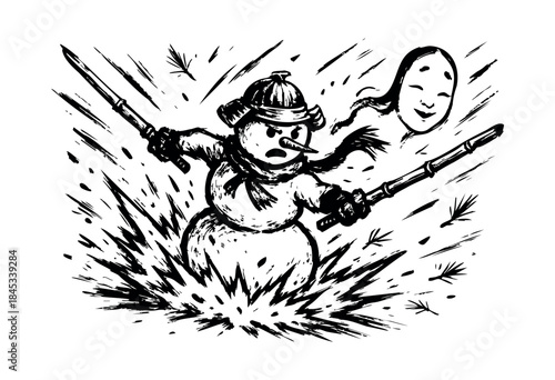 An aggressive snowman warrior wielding two katanas explodes into action, with a traditional Japanese Noh mask flying nearby, rendered in a dynamic ink brush style — stock vector.