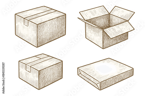 Various isometric cardboard shipping boxes in closed and open states