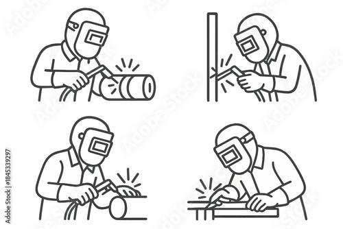 Four line icons showing welder performing various welding positions