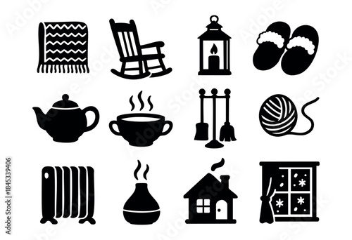 A collection of black silhouette icons representing elements of a cozy home, warmth, and relaxation, ideal for winter themes and hygge concepts — stock vector.