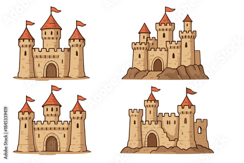 Four stylized medieval fantasy castle icons with prominent red banners