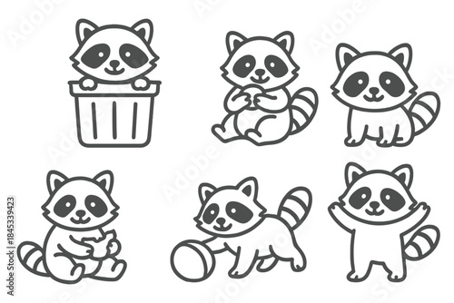Collection of cute cartoon raccoon icons in various playful poses