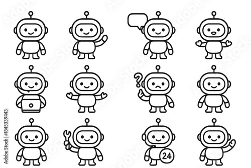 Set of cute outline robot characters showing various emotions and actions
