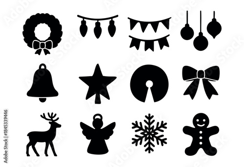 A collection of black silhouette Christmas and holiday decorative elements including a wreath, lights, ornaments, bell, star, reindeer, angel, snowflake, and gingerbread man — stock vector.