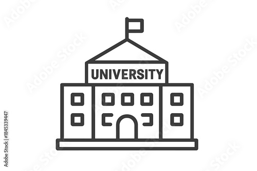 Minimalist line icon of academic university building facade featuring a flag