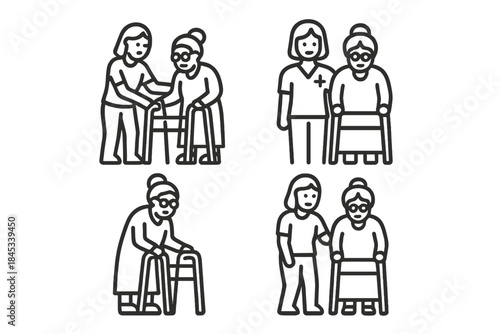 Assistance icons for elderly care featuring walking aids and medical support tools
