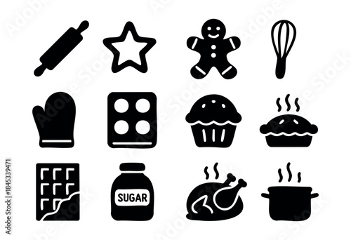 A collection of silhouette icons representing various baking and cooking tools, ingredients, and prepared foods, including a gingerbread man, cupcake, pie, and roasted chicken — stock vector.