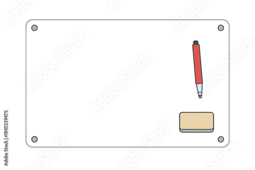 Blank whiteboard with marker and eraser on clean white background