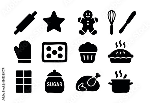 A collection of black silhouette vector icons representing various baking, cooking, and food-related items and concepts — stock vector.