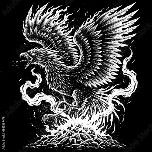 Majestic Phoenix Bird Rises From Fiery Embers With Intense Detail.