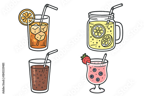 Set of four colorful cold beverage icons with straws and fruit garnishes