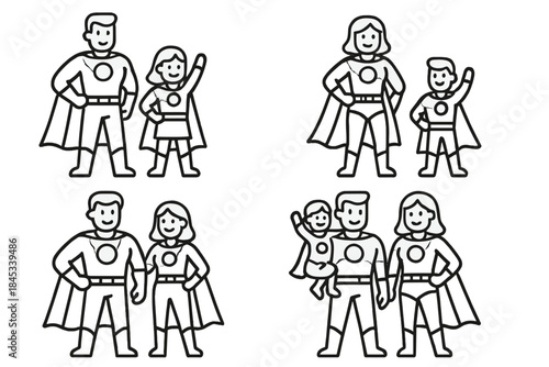 Diverse family superhero team icons featuring capes and chest emblems