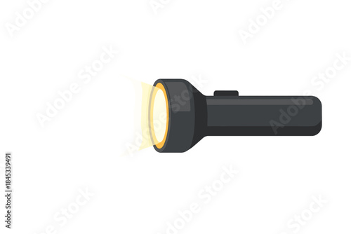 Handheld black flashlight emitting strong focused beam of white light