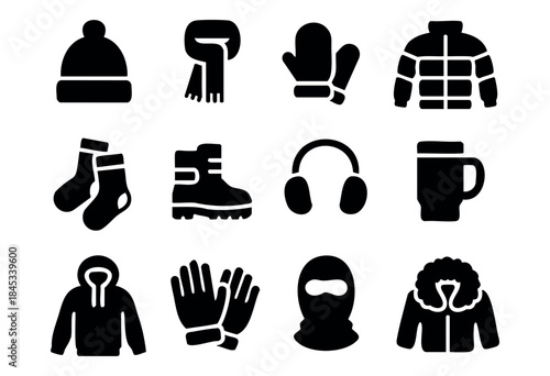 A collection of black silhouette icons representing various winter clothing, accessories, and cold weather essentials like jackets, hats, scarves, and gloves on a white background — stock vector.