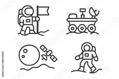 Astronaut rover and satellite icons for space exploration themes