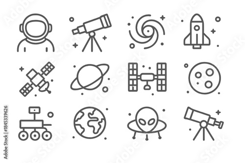 Astronomy and space exploration line icon set featuring astronaut and celestial bodies