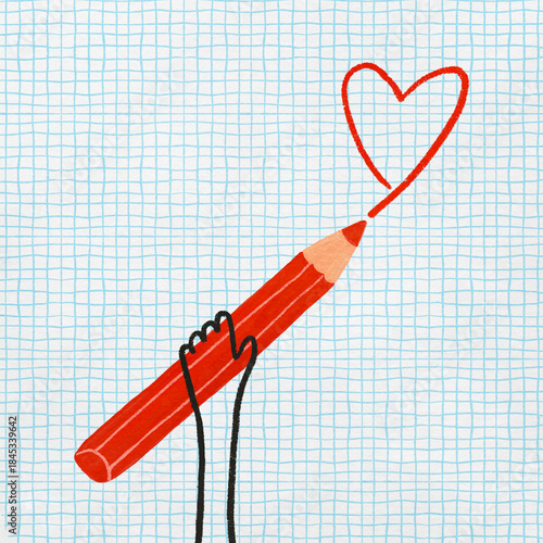 A red pencil heart on graph paper in a whimsical hand drawn style illustrates love and childlike innocence with creative expression, artistic sketching, visual design, and playful simplicity.