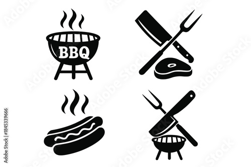 Black and white icons collection for barbecue and grilling elements