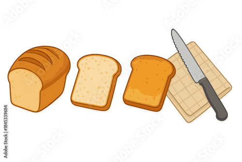 Loaf of white bread with slices and serrated knife on napkin