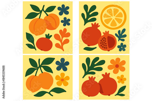 Vibrant abstract compositions featuring apricots and pomegranates with floral elements
