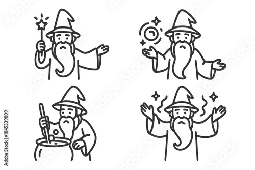 Four cartoon wizard icons featuring magic wand and cauldron
