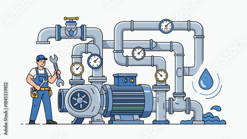 Mechanic repairing industrial water pump system with gauges, Generative AI.