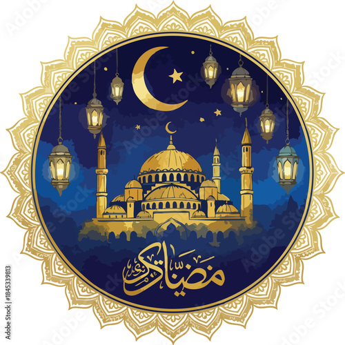 Golden Mosque at Night: A radiant mosque stands under a crescent moon, enveloped by the tranquil hues of twilight, illuminated by hanging lanterns creating a scene of peace and faith.