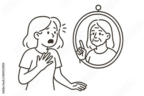 Young woman shocked seeing older self reflection pointing finger