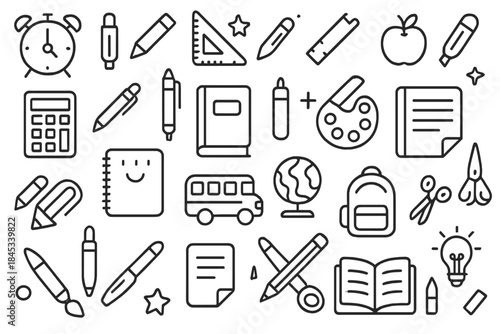 Black line icons representing education and school supplies concepts