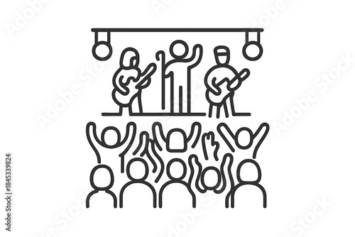 Live music concert performance with band and cheering audience icons