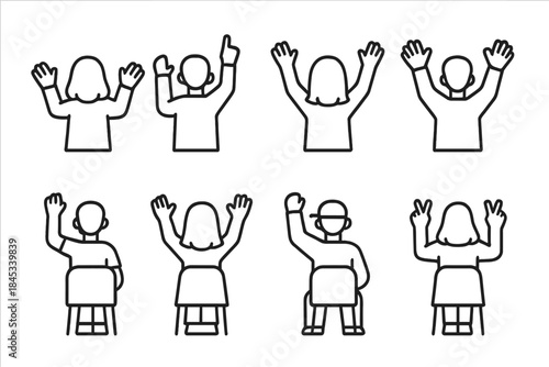Diverse group of people raising hands seen from front and back perspectives